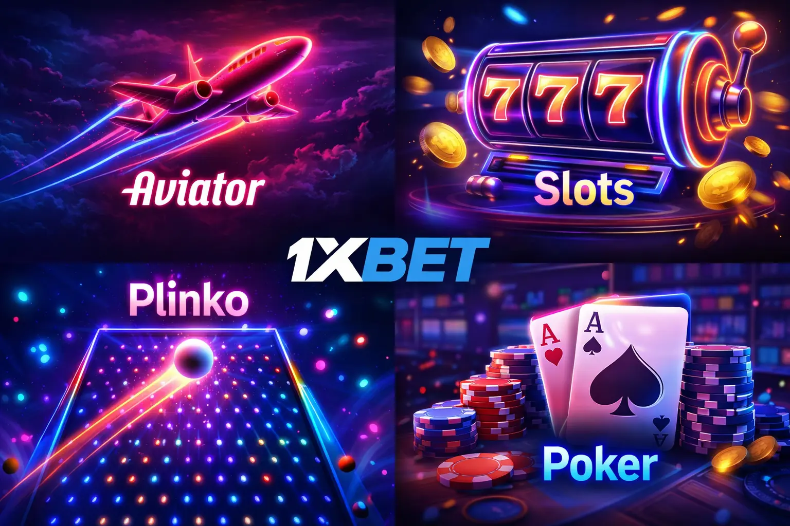 Juegos populares en 1xBet Perú como Aviator, Slots, Plinko y Poker online