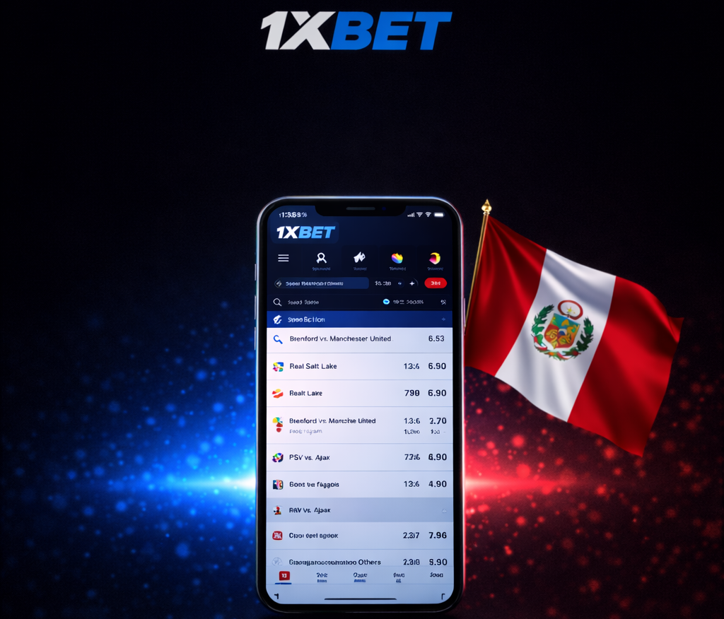 App 1xBet Perú con apuestas deportivas en smartphone y bandera de Perú