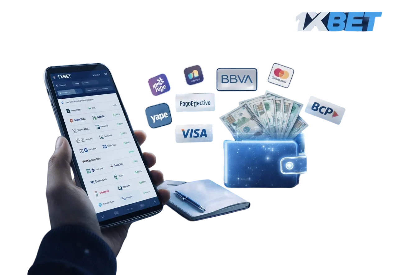 Smartphone con opciones de depósito en 1xBet y métodos de pago disponibles en Perú