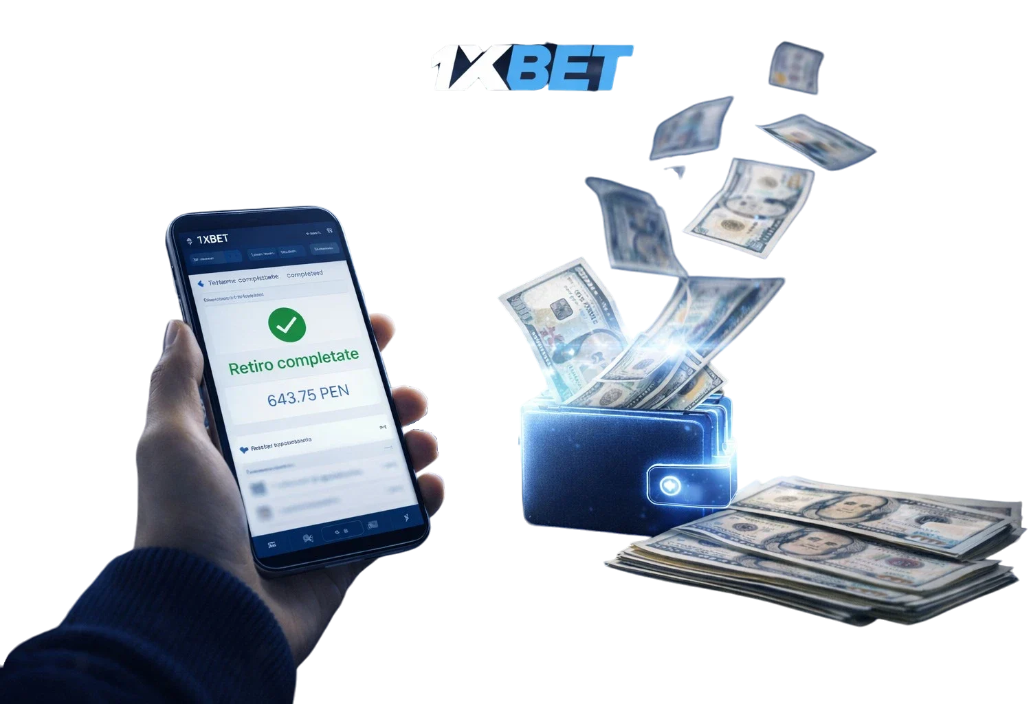 Smartphone con confirmación de retiro en 1xBet y dinero en efectivo como ganancias