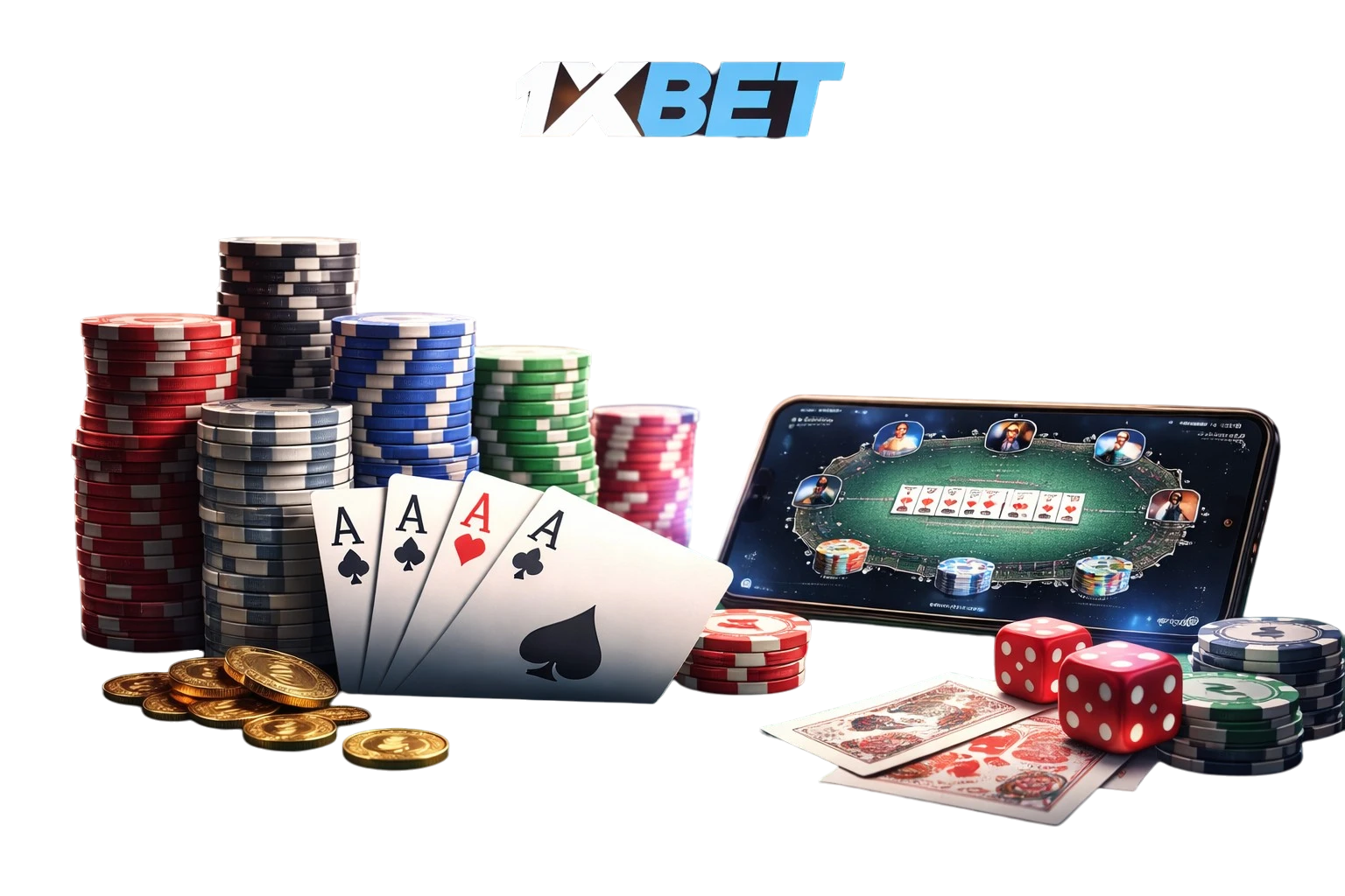Mesa de poker con fichas, cartas y aplicación móvil de 1xBet para jugar online