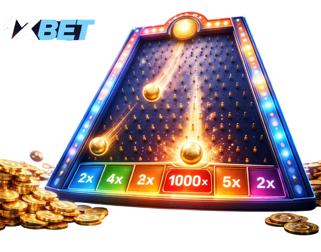 Tablero de Plinko con bola en movimiento y multiplicadores en 1xBet